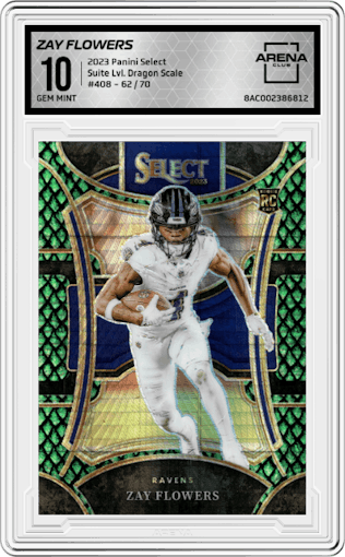 Zay Flowers from the 2023 Panini Select set featuring a Dragon Scale parallel graded by Arena Club and given an overall grade of 10.