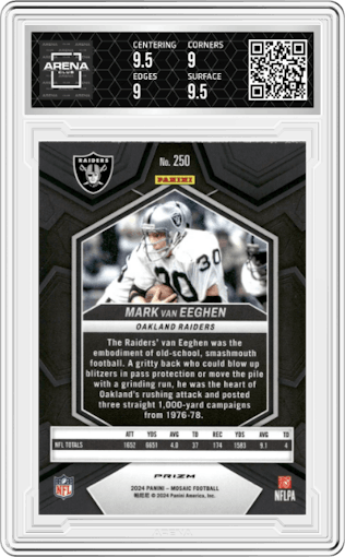 Mark van Eeghen from the 2024 Panini Mosaic set featuring a Honeycomb parallel graded by Arena Club and given an overall grade of 9.5.