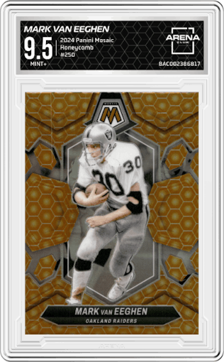 Mark van Eeghen from the 2024 Panini Mosaic set featuring a Honeycomb parallel graded by Arena Club and given an overall grade of 9.5.