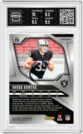Brock Bowers from the 2024 Panini Prizm set featuring a Silver Prizm parallel graded by Arena Club and given an overall grade of 9.