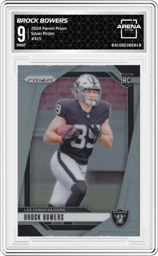 Brock Bowers from the 2024 Panini Prizm set featuring a Silver Prizm parallel graded by Arena Club and given an overall grade of 9.