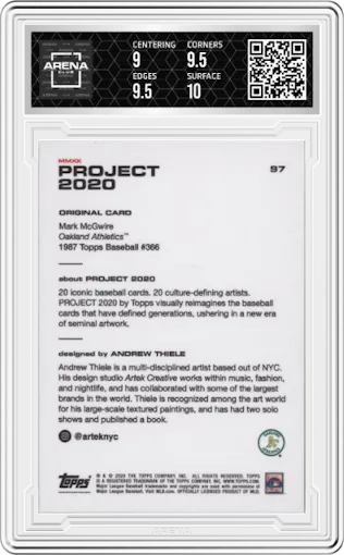 Mark McGwire from the 2020 Topps Project 2020  set graded by Arena Club and given an overall grade of 9.5.