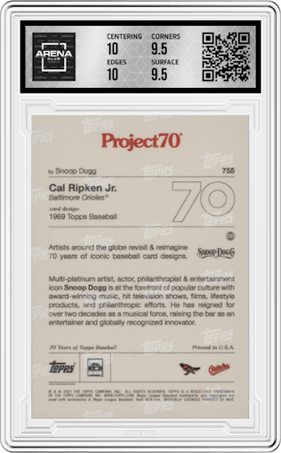 Cal Ripken Jr. from the 2021-22 Topps Project70 set graded by Arena Club and given an overall grade of 10.