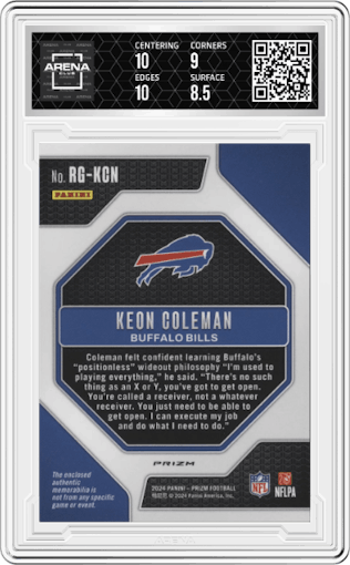 Keon Coleman from the 2024 Panini Prizm set graded by Arena Club and given an overall grade of 9.