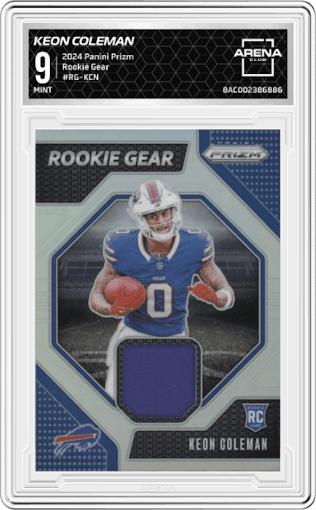 Keon Coleman from the 2024 Panini Prizm set graded by Arena Club and given an overall grade of 9.