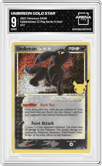 Umbreon Gold Star from the 2021 Pokemon SWSH set featuring a Pop Series 5 parallel graded by Arena Club and given an overall grade of 9.