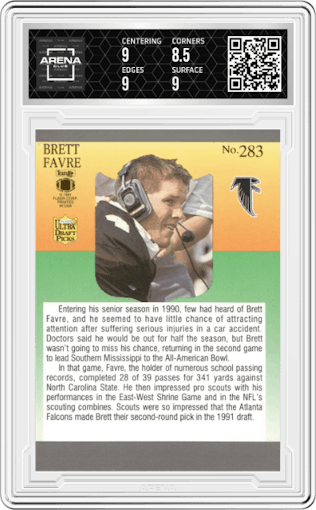 Brett Favre from the 1991 Fleer Ultra Draft Picks set graded by Arena Club and given an overall grade of 9.