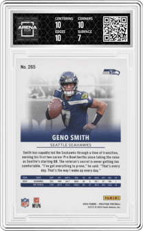 Geno Smith from the 2024 Panini Prestige  set featuring a Purple Xtra Points parallel graded by Arena Club and given an overall grade of 7.5.