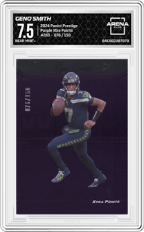 Geno Smith from the 2024 Panini Prestige  set featuring a Purple Xtra Points parallel graded by Arena Club and given an overall grade of 7.5.