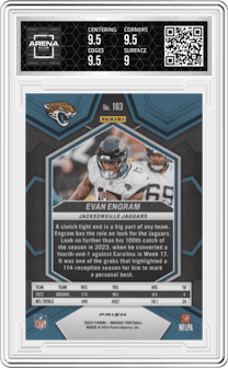 Evan Engram from the 2024 Panini Mosaic set featuring a Genesis parallel graded by Arena Club and given an overall grade of 9.5.