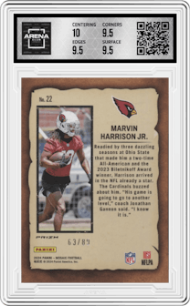 Marvin Harrison Jr. from the 2024 Panini Mosaic set featuring a Reactive Yellow Mosaic parallel graded by Arena Club and given an overall grade of 10.