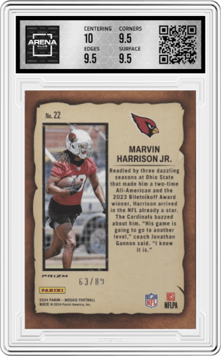 Marvin Harrison Jr. from the 2024 Panini Mosaic set featuring a Reactive Yellow Mosaic parallel graded by Arena Club and given an overall grade of 10.