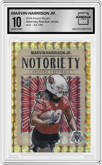 Marvin Harrison Jr. from the 2024 Panini Mosaic set featuring a Reactive Yellow Mosaic parallel graded by Arena Club and given an overall grade of 10.