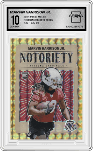 Marvin Harrison Jr. from the 2024 Panini Mosaic set featuring a Reactive Yellow Mosaic parallel graded by Arena Club and given an overall grade of 10.