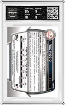 Roc Riggio from the 2023 Bowman Draft set featuring a Blue Wave Refractor parallel graded by Arena Club and given an overall grade of 8.5.