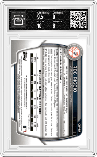 Roc Riggio from the 2023 Bowman Draft set featuring a Blue Wave Refractor parallel graded by Arena Club and given an overall grade of 8.5.