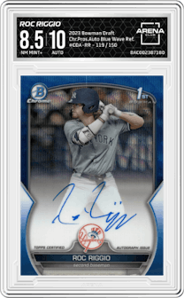 Roc Riggio from the 2023 Bowman Draft set featuring a Blue Wave Refractor parallel graded by Arena Club and given an overall grade of 8.5.