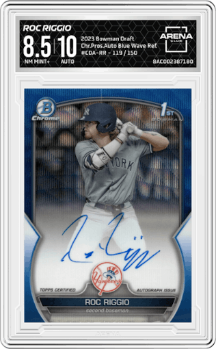 Roc Riggio from the 2023 Bowman Draft set featuring a Blue Wave Refractor parallel graded by Arena Club and given an overall grade of 8.5.