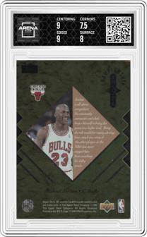 Michael Jordan from the 1995-96 Upper Deck SP Championship set featuring a Gold parallel graded by Arena Club and given an overall grade of 8.
