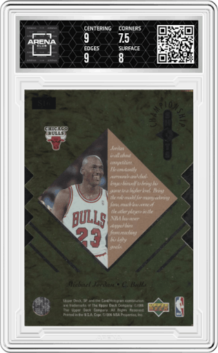 Michael Jordan from the 1995-96 Upper Deck SP Championship set featuring a Gold parallel graded by Arena Club and given an overall grade of 8.