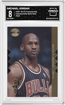 Michael Jordan from the 1995-96 Upper Deck SP Championship set featuring a Gold parallel graded by Arena Club and given an overall grade of 8.