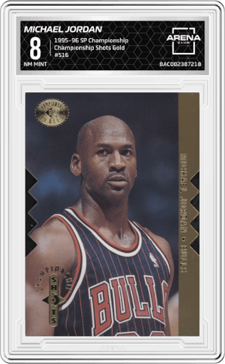 Michael Jordan from the 1995-96 Upper Deck SP Championship set featuring a Gold parallel graded by Arena Club and given an overall grade of 8.