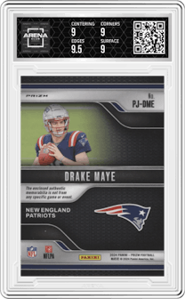 Drake Maye from the 2024 Panini Prizm set featuring a Neon Green Pulsar parallel graded by Arena Club and given an overall grade of 9.