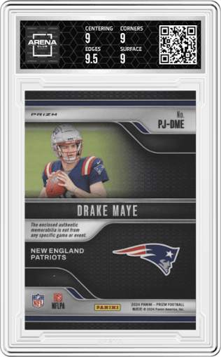 Drake Maye from the 2024 Panini Prizm set featuring a Neon Green Pulsar parallel graded by Arena Club and given an overall grade of 9.