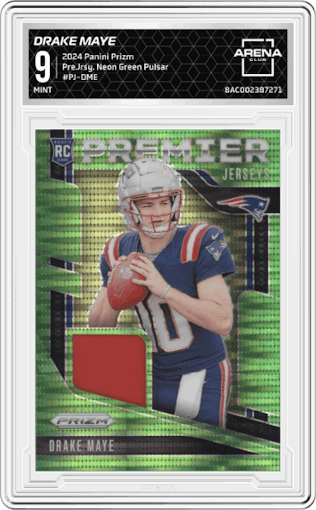 Drake Maye from the 2024 Panini Prizm set featuring a Neon Green Pulsar parallel graded by Arena Club and given an overall grade of 9.