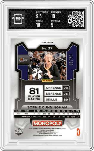 Sophie Cunningham from the 2024 Panini Prizm Monopoly WNBA set featuring a Green Millionaire Shimmer parallel graded by Arena Club and given an overall grade of 9.5.