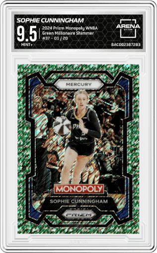 Sophie Cunningham from the 2024 Panini Prizm Monopoly WNBA set featuring a Green Millionaire Shimmer parallel graded by Arena Club and given an overall grade of 9.5.