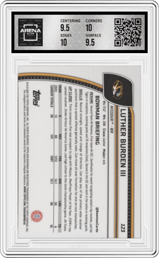 Luther Burden III  from the 2024 Bowman Chrome University set graded by Arena Club and given an overall grade of 10.