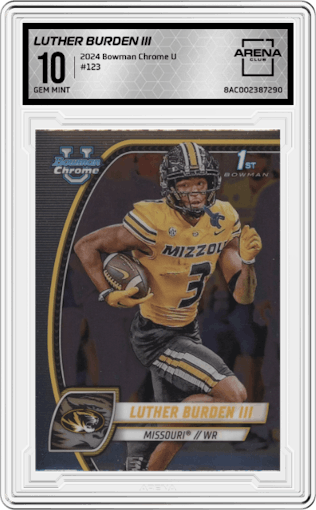 Luther Burden III  from the 2024 Bowman Chrome University set graded by Arena Club and given an overall grade of 10.