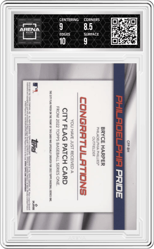 Bryce Harper from the 2022 Topps  Series 1 set graded by Arena Club and given an overall grade of 9.
