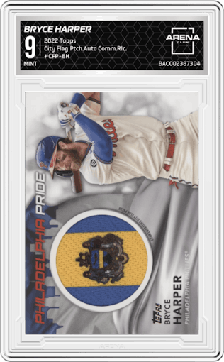 Bryce Harper from the 2022 Topps  Series 1 set graded by Arena Club and given an overall grade of 9.