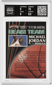 Michael Jordan from the 1992-93 Topps Stadium Club set graded by Arena Club and given an overall grade of 8.