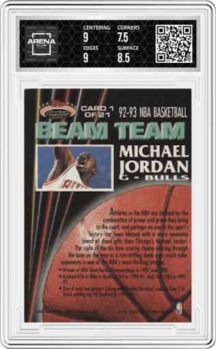 Michael Jordan from the 1992-93 Topps Stadium Club set graded by Arena Club and given an overall grade of 8.