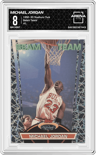 Michael Jordan from the 1992-93 Topps Stadium Club set graded by Arena Club and given an overall grade of 8.
