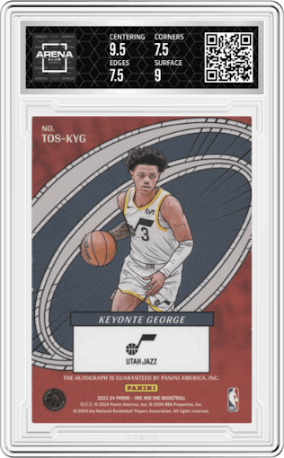 Keyonte George from the 2023-24 Panini One and One set featuring a Red parallel graded by Arena Club and given an overall grade of 8.