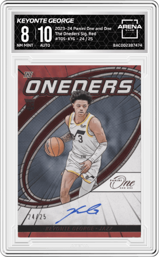 Keyonte George from the 2023-24 Panini One and One set featuring a Red parallel graded by Arena Club and given an overall grade of 8.