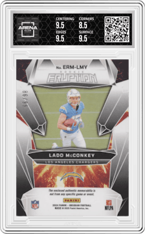 Ladd McConkey from the 2024 Panini Obsidian set featuring a Silver parallel graded by Arena Club and given an overall grade of 9.