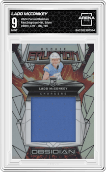 Ladd McConkey from the 2024 Panini Obsidian set featuring a Silver parallel graded by Arena Club and given an overall grade of 9.