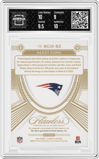 Bailey Zappe from the 2022 Panini Flawless set graded by Arena Club and given an overall grade of 9.5.