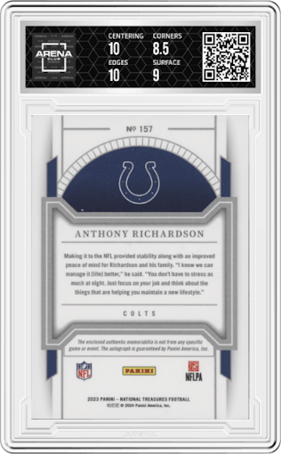 Anthony Richardson from the 2023 Panini National Treasures set graded by Arena Club and given an overall grade of 9.