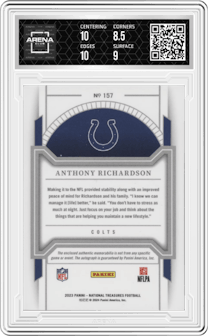 Anthony Richardson from the 2023 Panini National Treasures set graded by Arena Club and given an overall grade of 9.