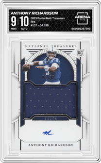 Anthony Richardson from the 2023 Panini National Treasures set graded by Arena Club and given an overall grade of 9.