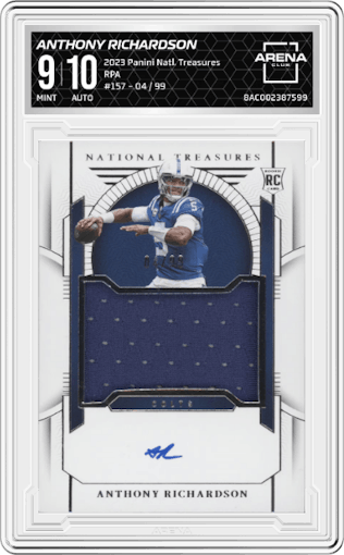 Anthony Richardson from the 2023 Panini National Treasures set graded by Arena Club and given an overall grade of 9.