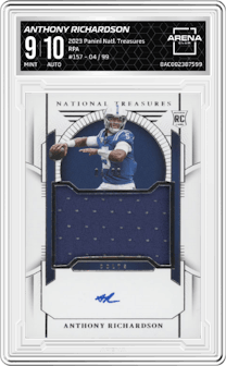 Anthony Richardson from the 2023 Panini National Treasures set graded by Arena Club and given an overall grade of 9.