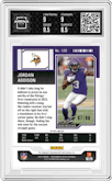 Jordan Addison from the 2023 Panini Contenders Optic set featuring a Black Pulsar parallel graded by Arena Club and given an overall grade of 9.