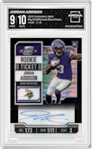 Jordan Addison from the 2023 Panini Contenders Optic set featuring a Black Pulsar parallel graded by Arena Club and given an overall grade of 9.